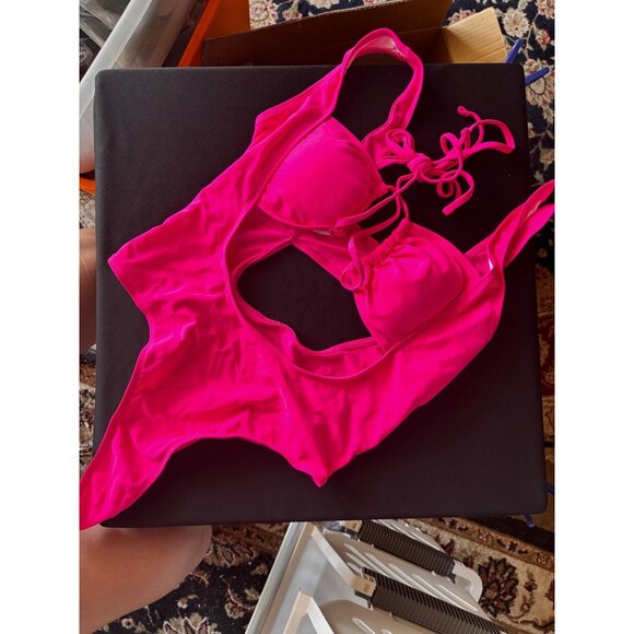 Neon Pink Cross Halter Cutout One-Piece Swimsuit Monokini Sexy High Cut Thong Bo - Picture 3 of 4